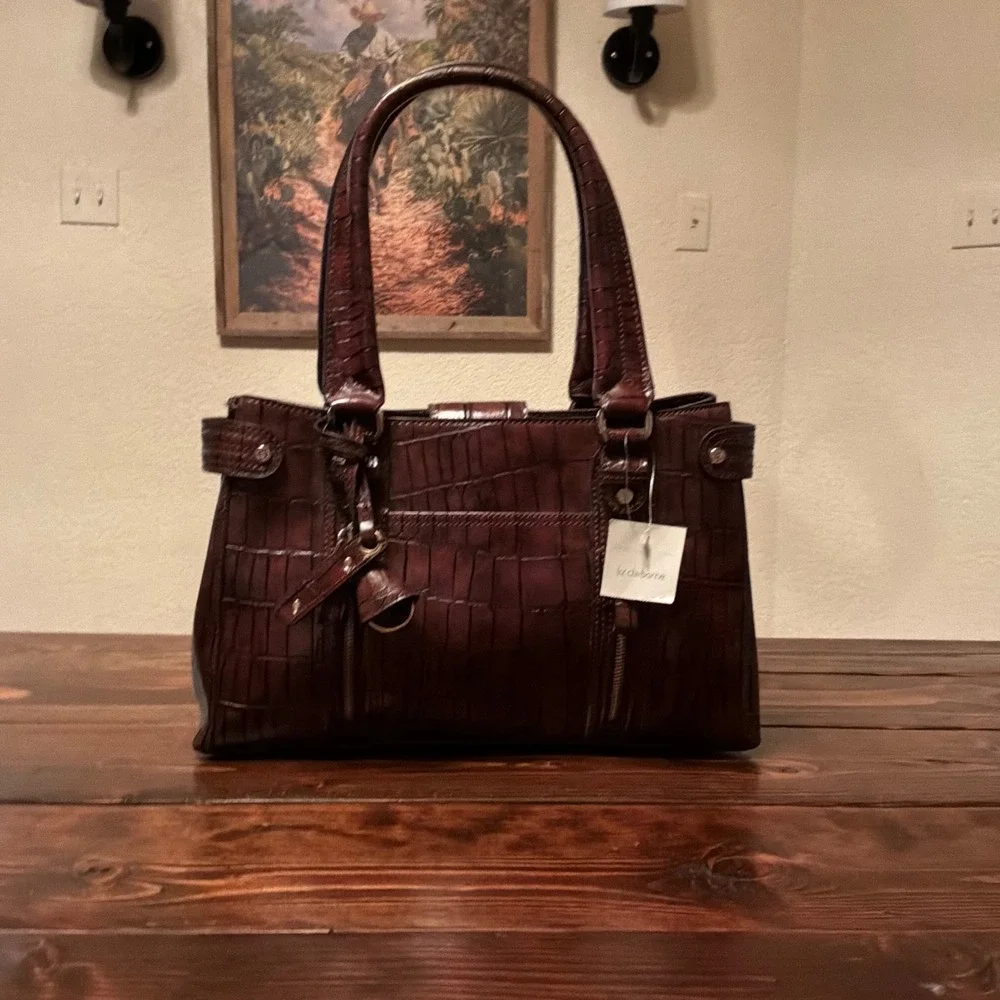 Liz Claiborne Satchel Women Large Brown New Y2K Croc Embossed Faux Leather